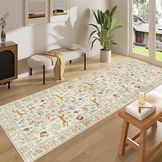 DUKINO 3x8 Runner Rug, Animal Washable Runner Rug for Kitchen, Beige | Non Slip, Low Pile, Soft Indoor Carpet Runner for Hallway, Entryway, Bedroom, Bathroom, Laundry, Pet Friendly, Non-Shedding