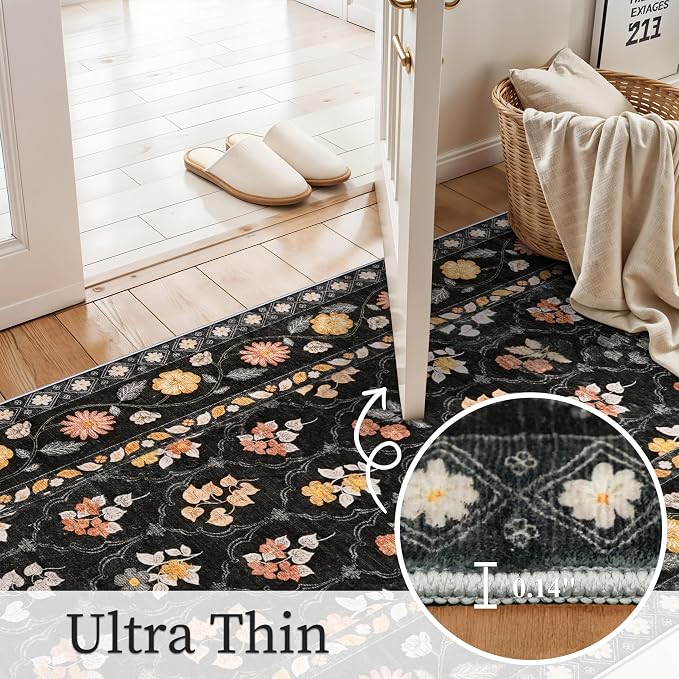 Washable Kitchen 2x10 Runner Rug: Non-Slip Long Hallway Entryway Rugs Indoor Low Pile Carpet for Bedroom Laundry Stain Resistant Vintage Soft Thin Floor Decor Mat for Bathroom (Floral/Black,2x10)