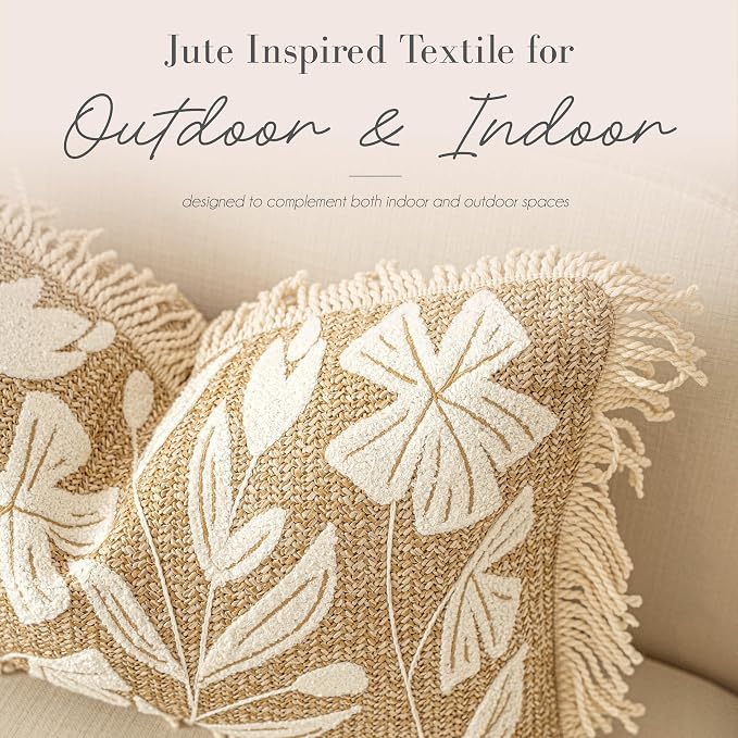 BlissBlush Long Lumbar Pillow Cover 14x36 Indoor Outdoor, Jute Inspired Floral Tufted Accent Oversize Throw Pillowcase for Patio Bed Bedroom, Cover Only
