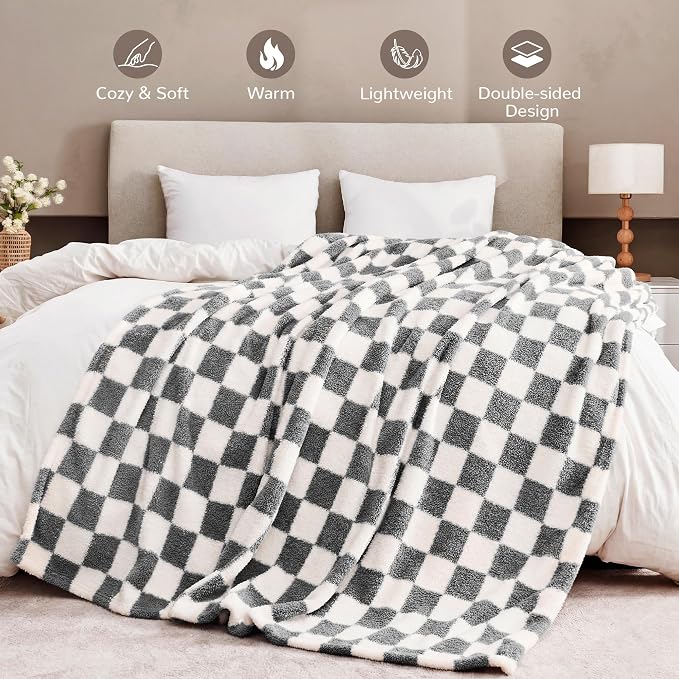 Gray Checkered Twin Size Blanket, Soft Plush Microfiber Fleece Blanket for Couch Sofa Bed, Cozy Decorative Home Blanket, All Season, 60x80 Inches