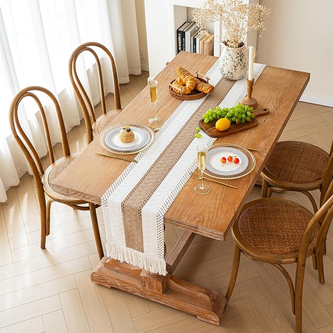 FEXIA Boho Table Runner for Fall Home Decor 12x72 Burlap with Tassels | 72 Inches Long Farmhouse Kitchen Dining Room Macrame Burlap Coffee Table Decoration Dresser Runner Pottery Barn Furniture
