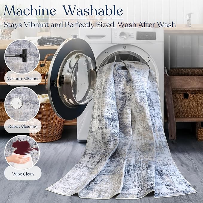 Machine Washable Area Rug, Soft & Durable, Non-Slip, Stain Resistant Rug for Bedroom, Living Room, Dining Room, High Traffic Areas. (Grey/Beige, 6' X 9')