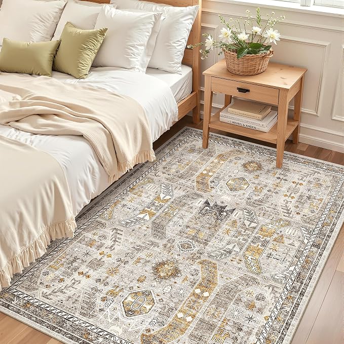 Madane Area Rug 4x6 Washable Rugs Vintage for Living Room, Brown/Gold | Ultra-Thin Stain Resistant Vintage Large 4'X6' Carpet, Soft Low Pile Floor Mat For Bedroom Dining Room Office Home Decor