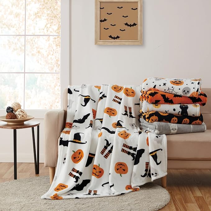 Serafina Home Halloween Cute Witch Fleece Throw Blanket, Jack O Lantern Bats, Velvet, 50x60 in
