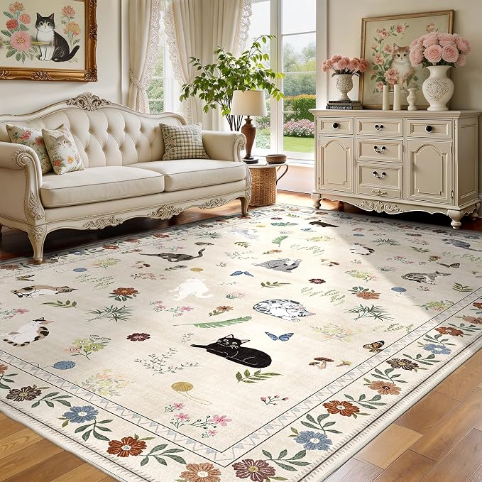 AIMPEAK 6x9 Washable Area Rug - Non Slip Low Pile Cat Floral Boho Vintage Carpet for Living Room, Bedroom, Farmhouse, Dining Room, Nursery, Kids Playroom, Beige Multi