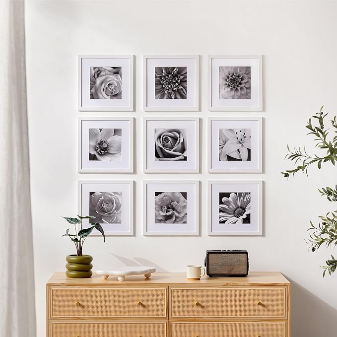 eletecpro Picture Frames Set of 9, 12x12 in, Acrylic Cover, White | Display Photo 8x8 with Mat or 12x12 without, Square Gallery Collage, Wall Mount, Minimalist Home Decor, Engineered Wood
