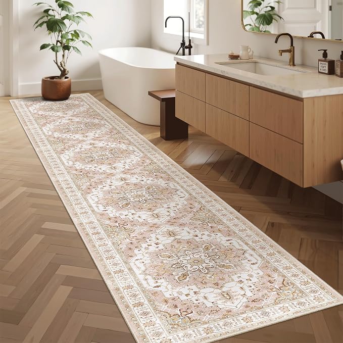 Madane Washable Runner Rugs 2x12 Long for Hallway Kitchen Soft, Pink | Non-Slip Vintage Printed 12ft Rug Runners with Rubber Backing, Low-Pile Floor Carpet Laundry Room Entryway, Corridor