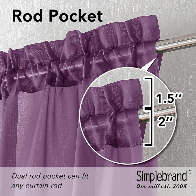 Simplebrand Plum Sheer Curtains 63 Inch Length 2 Panels, Rod Pocket Solid Color Window Sheer Curtain Panels, Elegant Curtains & Drapes for Living Room, Bedroom 2 Panels (Plum, 42" W x 63" L)