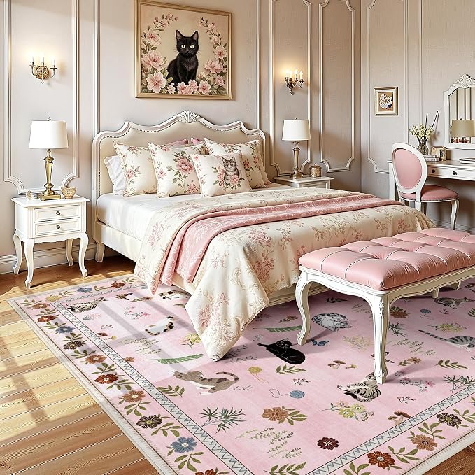 AIMPEAK Pink Large 8x10 Washable Area Rug - Non Slip Low Pile Cat Floral Vintage Boho Large Carpet for Living Room, Bedroom, Farmhouse, Dining Room, Nursery, Girls Room, Kids Playroom, Pink Multi
