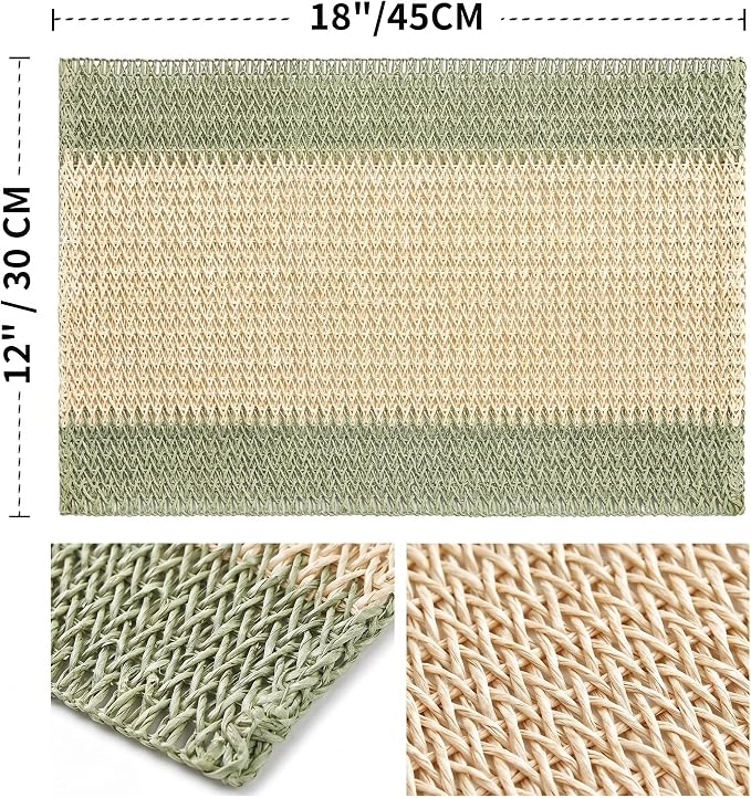 Artoid Mode Light Green Paper Woven Farmhouse Stripe Placemats Set of 4,12x18 Inch Seasonal Holiday Table Mats Party Kitchen Dining Decoration