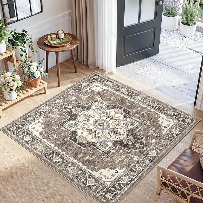 Washable 3x3 Square Rug Entry: Vintage Throw Rugs with Non-Slip Rubber Backing Soft Thin Stain Resistant Carpet for Kitchen Bedroom Entrance Home Decor Floor Mat for Living Room Bathroom (Beige,3x3)