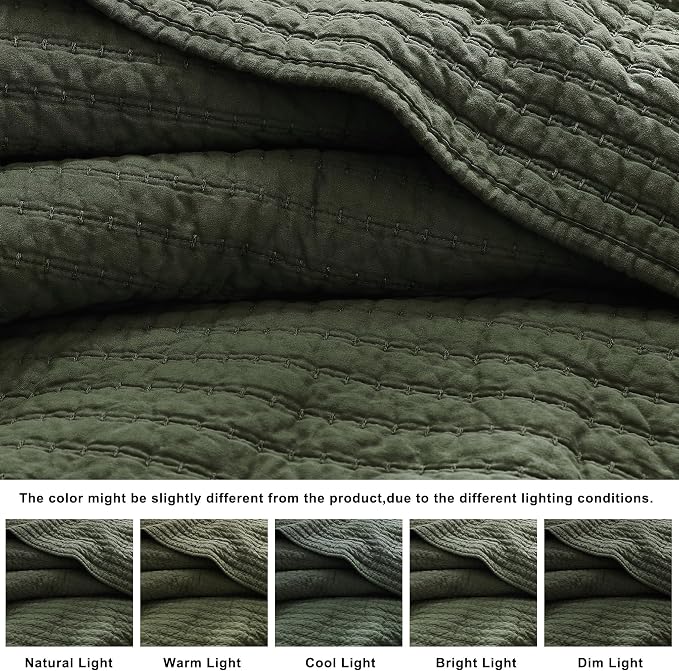WDCOZY 100% Cotton Oversized King Size Quilt Set - Olive Green California Cal King Striped Pick Stitch Soft Lightweight Bedspread, Textured Like Linen, Farmhouse Country Rustic Coverlet, 3 Pieces