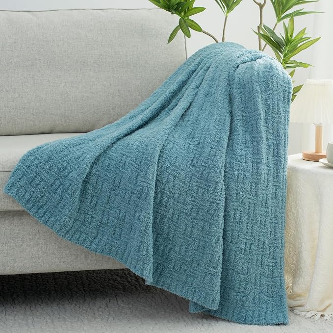 Blue Ultra Soft Knit Throw Blanket for Couch,50"X60" Microfiber Fluffy Cozy Warm Knitted Blankets with Checked Pattern for Sofa Bed