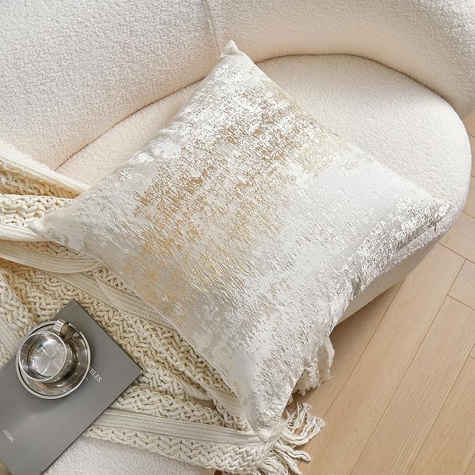 THE-TINOART Cream Champagne Metallic Jacquard Throw Pillow Cover 22x22 Velvet Back Modern Glam Sofa Decor