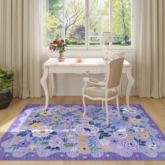 DUKINO 3x5 Area Rug, Floral Washable Rug for Bedroom Non Slip, Purple | Soft, Stain Resistant Low Pile Indoor Rug for Entryway, Bedroom, Bathroom, Living Room, Pet Friendly, Home Decor, Lightweight