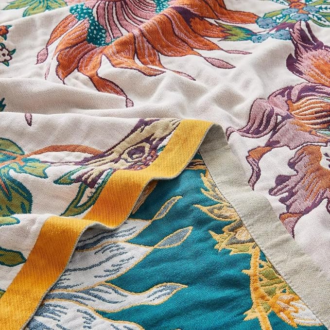 Boho Throw Blanket for Bed 100% Cotton Bohemian Blankets Ultra Soft Woven Muslin Decorative Blankets All Seasons Vintage Quilt Knitted Blanket for Sofa Chair(Beige, 80"x90")