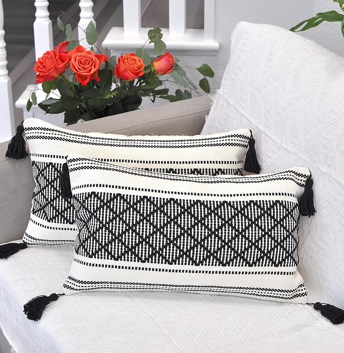 Boho Decorative Lumbar Pillow Covers with Tassels Black and White 12x20 inch -Set of 2 / Small Rectangle Cushion Covers for Couch Sofa/Farmhouse Woven Pillow Cases/Accent Cushion Covers