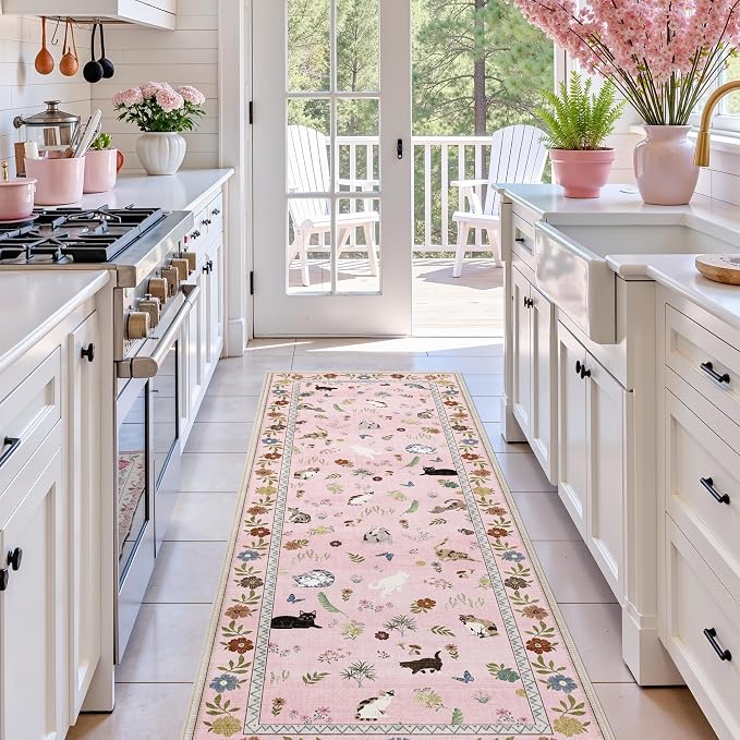 AIMPEAK Pink 2x6 Non Slip Runner Rug - Washable Cat Floral Kitchen Carpet with Rubber Backing, Soft Low Pile Long Mat for Kitchen, Laundry Room, Bedroom, Bathroom, Hallway, Pink Multi