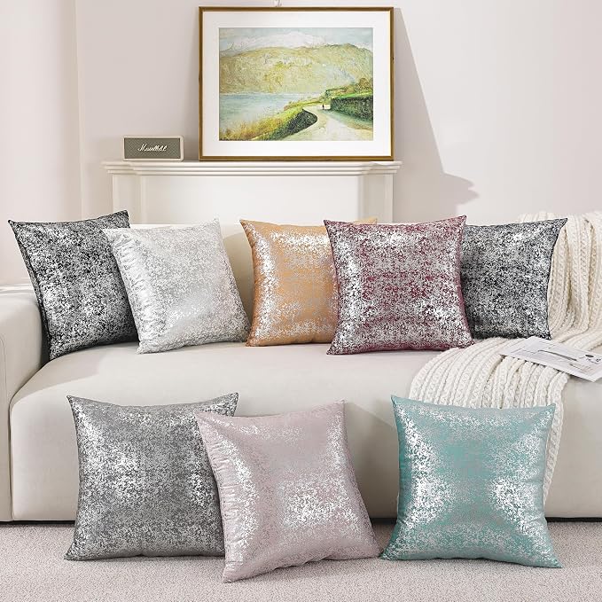 Gyulin Pack of 4,Silver Velvet Throw Pillow Covers 18x18 Inches, Sparkle Silver Foil Print Solid Square Pillow Covers Cushion Covers for Couch Sofa Home Bedroom Decor, Light Pink