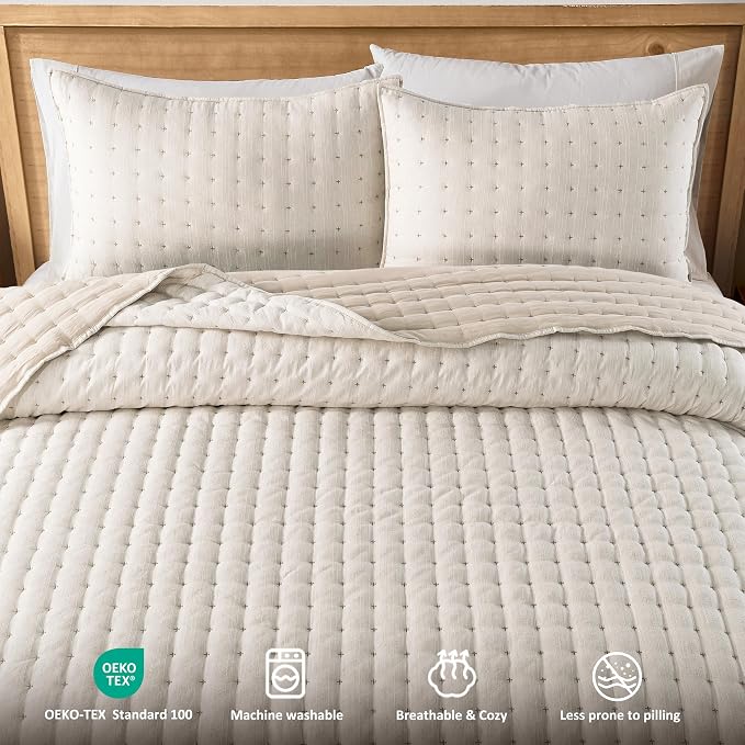WDCOZY Beige Cloud Quilt Set Twin Size, Lightweight Soft Cross Stitch Bedspread, Textured Like Linen, Farmhouse Rustic Country Coverlet, Spring Summer Thin Comforter, 2 Pieces, 68x90 inches