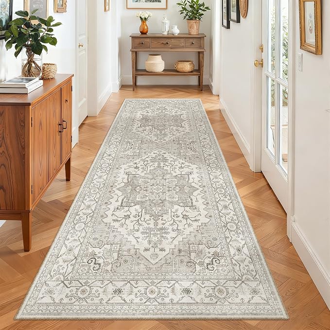 Madane Hallway Runner 3x8, Kitchen Rugs Washable Entry Rug, Beige/Brown | Vintage Non Slip Entryway Indoor Area Rugs, Soft Low-Pile Farmhouse Wide Carpet Runners for Bathroom Living Room Bedroom