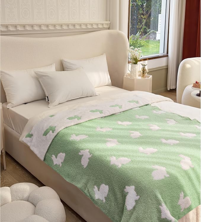 Ultra Soft Cozy Happy Easter Rabbits Spring Knitted Throw Blanket Fluffy Microfiber Checkerboard Bed Blanket Lightweight Both Sides Blanket for Couch Sofa Bed… (Rabbit Green, Throw 50“x60”)