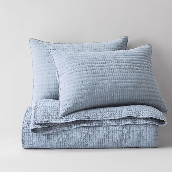 WDCOZY 100% Cotton Twin Size Quilt Set - Light Blue Striped Pick Stitch Soft Lightweight Bedspread, Textured Like Linen, Farmhouse Country Rustic Coverlet, Shabby Chic Gauze Bedding, 2 Pieces
