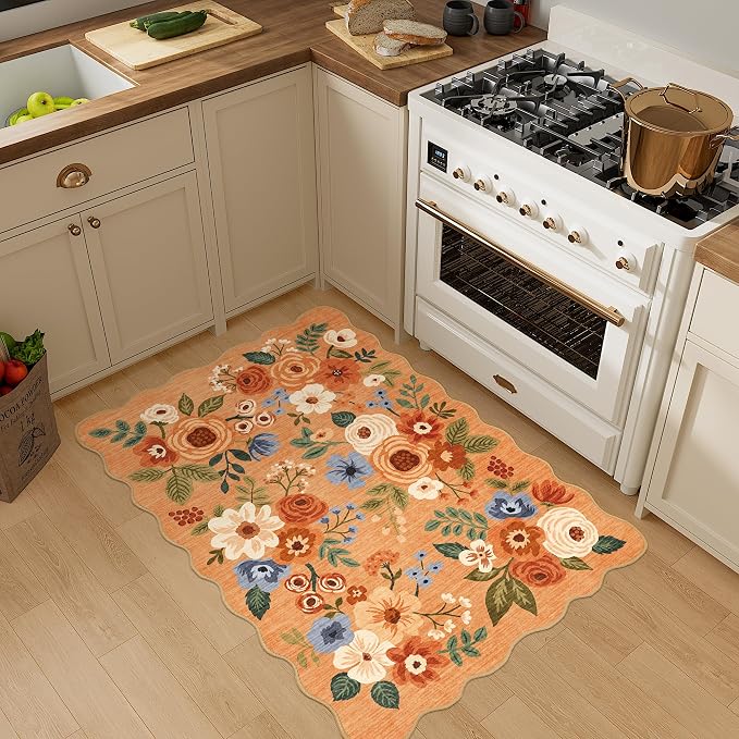 DUKINO 2x3 Rugs for Entryway, Floral Door Mat Washable Kitchen Rugs, Orange | Non Slip, Low Pile, Soft Small Rugs for Entrance, Bedroom, Bathroom, Laundry, Pet Friendly, Non-Shedding, Modern Home Decor