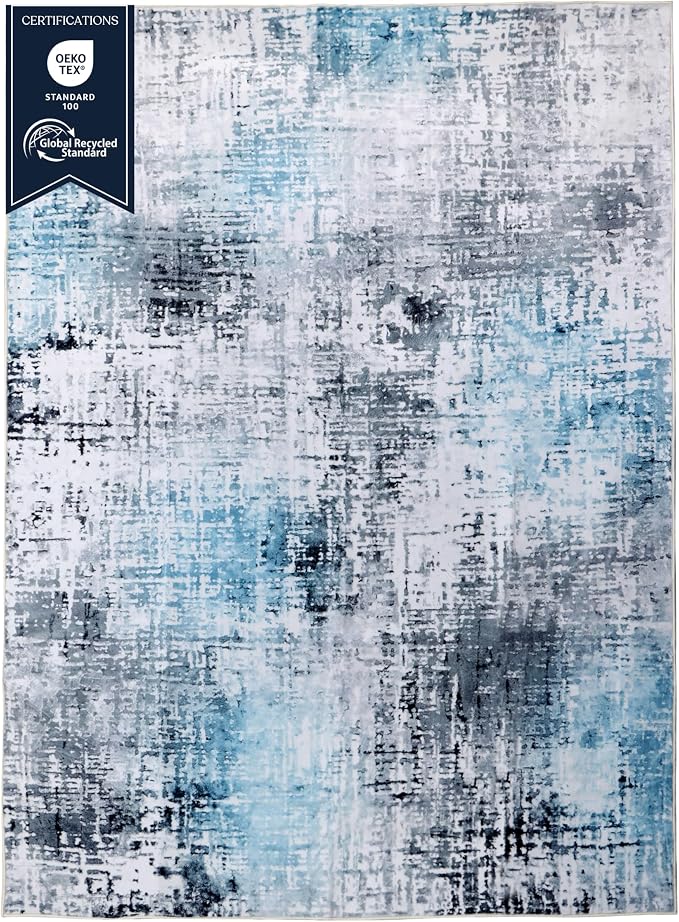 Machine Washable Area Rug, Soft & Durable, Non-Slip, Stain Resistant Rug for Bedroom, Living Room, Dining Room, High Traffic Areas, Eco- Friendly GRS Certified. (Blue, 6' X 9')