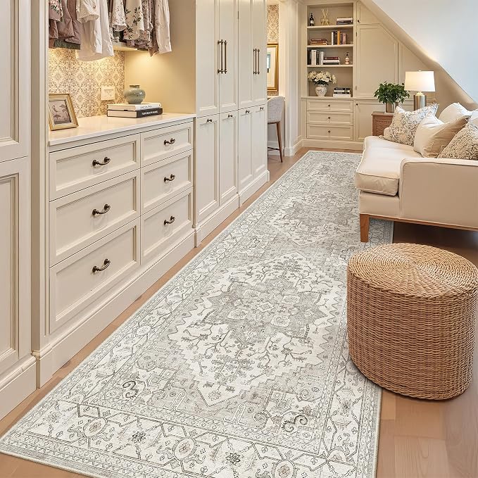 Madane Hallway Runner Rug 3x10 Washable Kitchen Runners 10ft, Beige/Brown | Vintage Non-Slip Entryway Area Rugs Indoor, Soft Low-Pile Farmhouse Wide Floor Carpet for Bathroom Living Room Bedroom Foyer