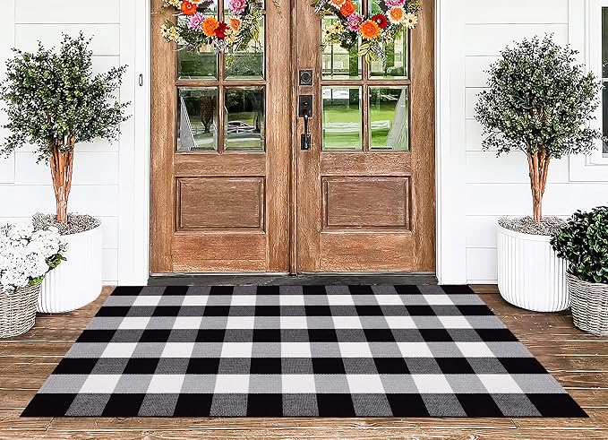 Black and White Outdoor Rug 3'x5'Buffalo Plaid Checkered Front Porch Rug Machine Washable Farmhouse Front Door Mat Outdoor for Front Hello Welcome Mat,Bedroom,Entryway,Patio