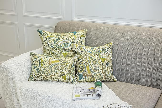 Mika Home Pack of 2 Throw Pillow Covers Decorative Pillow Shells for Sofa Couch, Paisley Pattern, 22x22 Inches,Green Brown Cream Multicolor