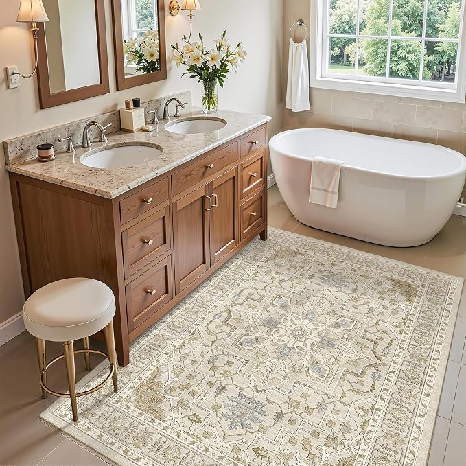 Madane Washable Entry Rug 3x4 Area Rugs for Entryway Kitchen, Beige/Blue | Vintage Printed Door Mat Indoor Entrance, Low-Pile Floor Carpet Runner for Inside Front Bedroom Kitchen Entry Laundry, Stair
