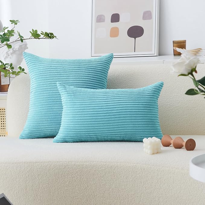 Home Brilliant Teal Throw Pillow Covers Pack of 2 Supersoft Striped Textured Velvet Corduroy Decorative Throw Pillow Cases Throw Pillows for Bed, 50x50 cm, 20 x 20 Inch, Teal