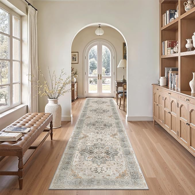Madane Washable Runner Rugs 2x12 Long for Hallway Kitchen Light Taupe Brown | Non-Slip Vintage Printed 12ft Long Rug Runners with Rubber Backing, Soft Thin Low-Pile Floor Carpet Laundry Room Entryway