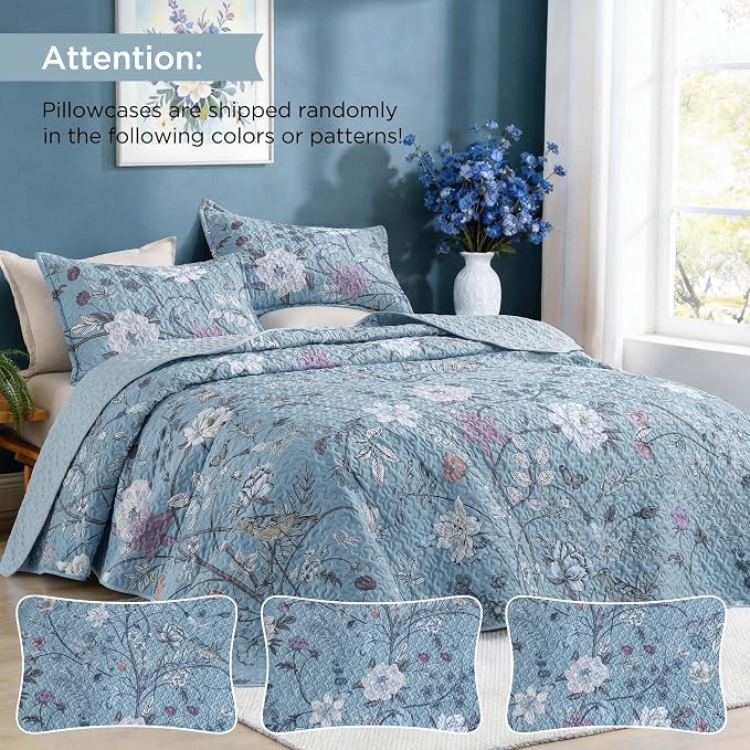 Litanika Floral Light Blue Quilt Set - 3Pcs Botanical Birds Pattren Bed | Super King Bedspread Summer Lightweight Soft Coverlet with White Flower for All Seasons (120"x120")