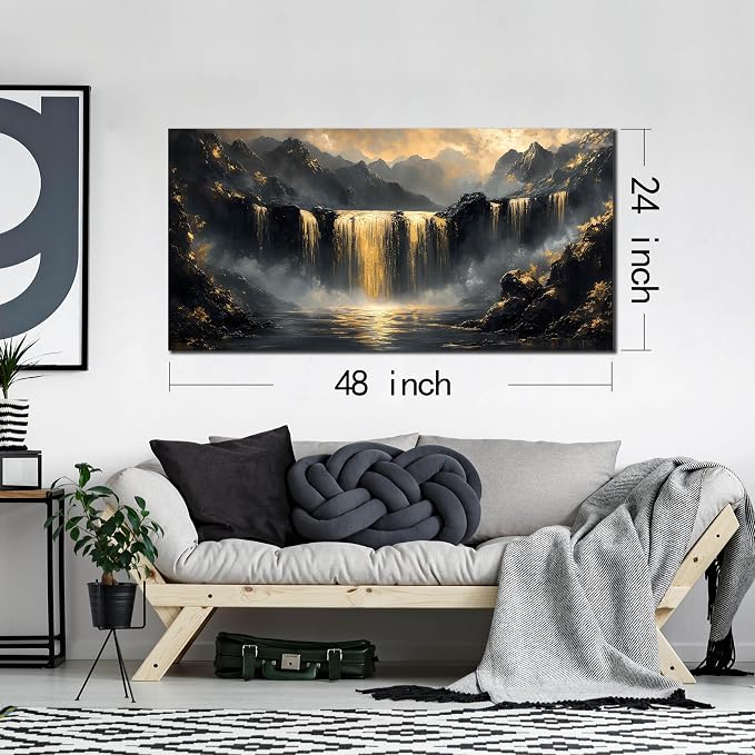 Mountain Pictures Wall Art for Living Room - Black And Gold Wall Decor Office - Modern Art Wall Decor for Bedroom Size 24" x 48"