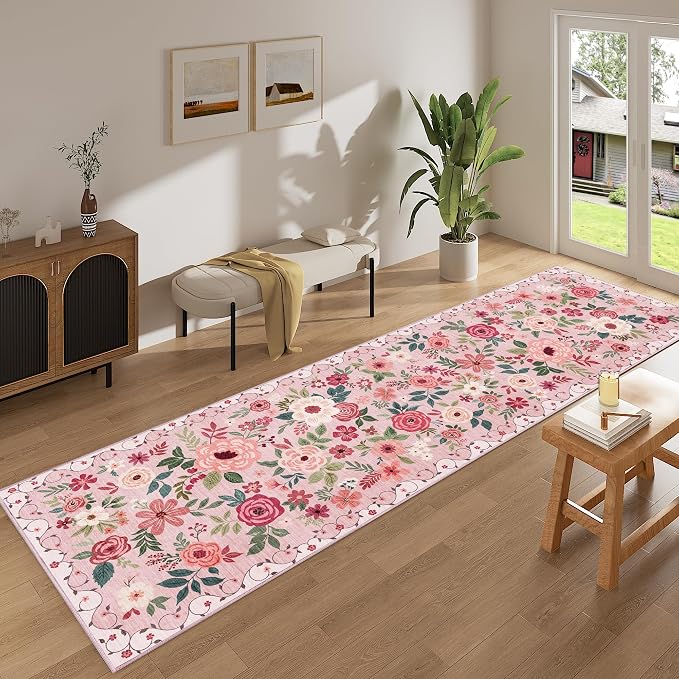 DUKINO 3x10 Runner Rug, Floral Washable Kitchen Runner Rug Non Slip, Pink | Soft, Low Pile, Stain Resistant Indoor Rug Runner for Hallway, Entryway, Bedroom, Bathroom, Modern Home Decor, Pet Friendly