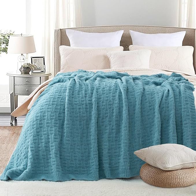 Blue Ultra Soft Knit Throw Blanket for Couch,50"X60" Microfiber Fluffy Cozy Warm Knitted Blankets with Checked Pattern for Sofa Bed