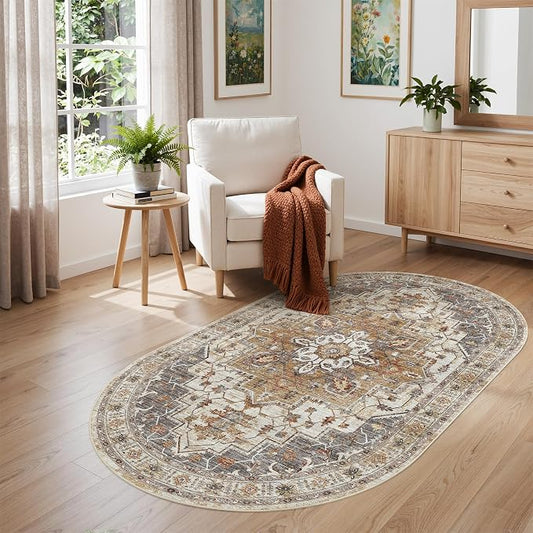 Madane Washable Oval Rug 3x5 for Entryway Small Area Rugs, Turmeric/Grey | Vintage Entryway Bedroom Non Slip Door Mat Indoor Entrance, Kitchen Runner Living Room Laundry Playroom Soft Floor Carpets