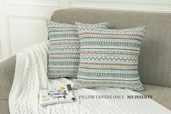Mika Home 2-Pack Throw Pillow Covers,Striped,18x18 Inches, Green Taupe | Decorative Square, Cushion Cases for Sofa Couch, Bohemian Striped Geometric Pattern