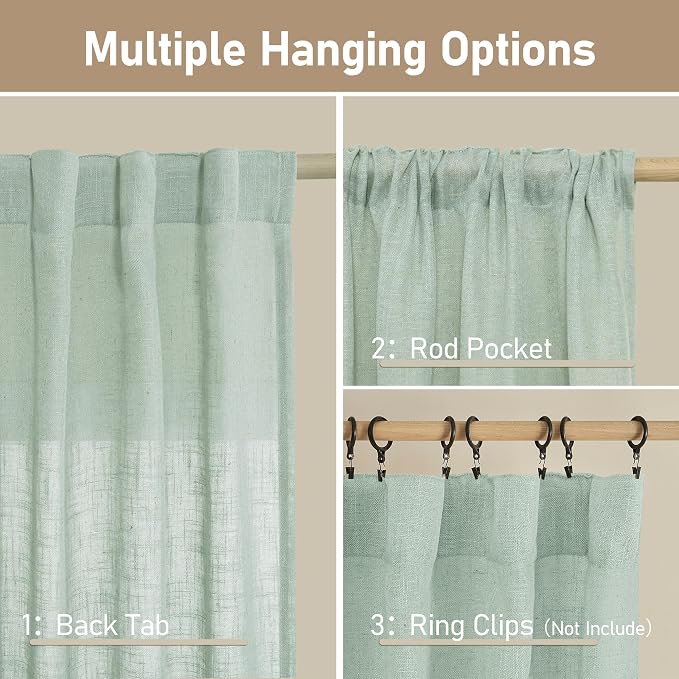 Light Sage Linen Sheer Curtains 84 inch Length 2 Panels, 34 x 84 Inch | Light Filtering, Semi Sheer Panels, Rod Pocket Back Tab, Neutral Drapes for Bedroom, Living Room, Window Treatment