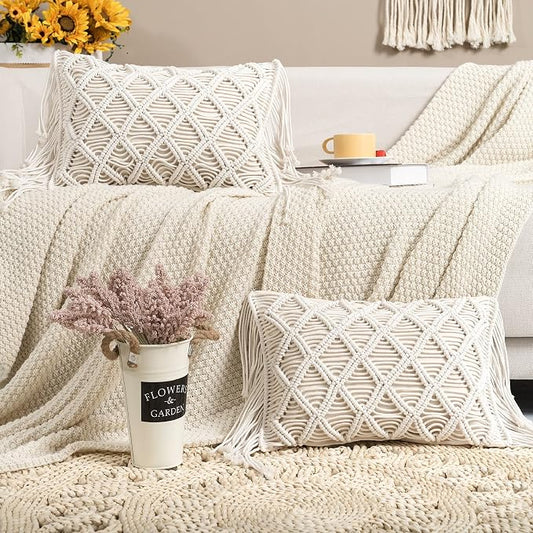 Macrame Lumbar Pillow Cover-Set of 2 Decorative Thorw Pillowcase Boho Tassel Cushion Covers for Sofa Couch Chair Farmhouse Home Decor 12X18 INCH