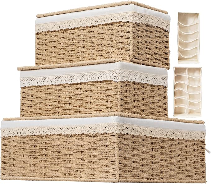 Nonam Rattan Divided Storage Basket with Lid, Set of 3, Natural | Large Basket Organizer for Shelf, Wicker Bins for Closet, Boho Shelf Decor Covered Basket Home Storage Container