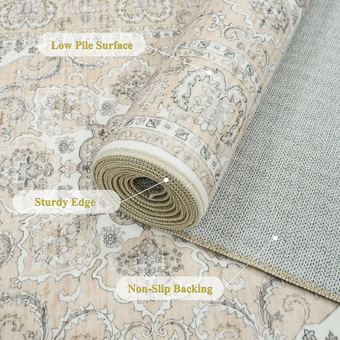 4x12ft Wide Washable Hallway Runners - Non-Slip Vintage Kitchen Rugs with Rubber Backing Stain Resistant Carpet for Dining Room Soft Thin Indoor Floor Mat for Living Room Bedroom (Beige/Cream,4x12)