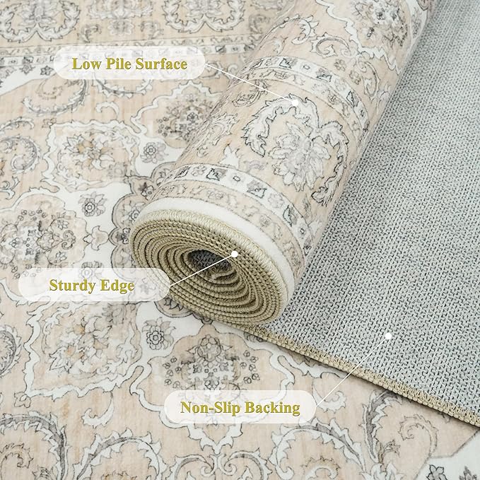RUUGME Hallway 2'6x12 Runner Rug: Vintage Washable Kitchen Rugs Non-Slip Low Pile Carpet for Entryway Soft Thin Stain Resistant Floor Decor Mat for Bathroom Living Room Bedroom(Beige/Cream,2'6"x12')