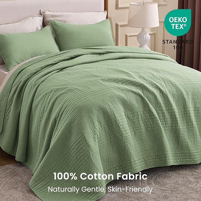 Love's cabin Queen Size Cotton Quilt Set, 100% Cotton Fabric Striped Textured Coverlet with Crinkled Look, Lightweight Quilted Bedspread for All Season, Includes 2 Pillow Shams, Sage Green