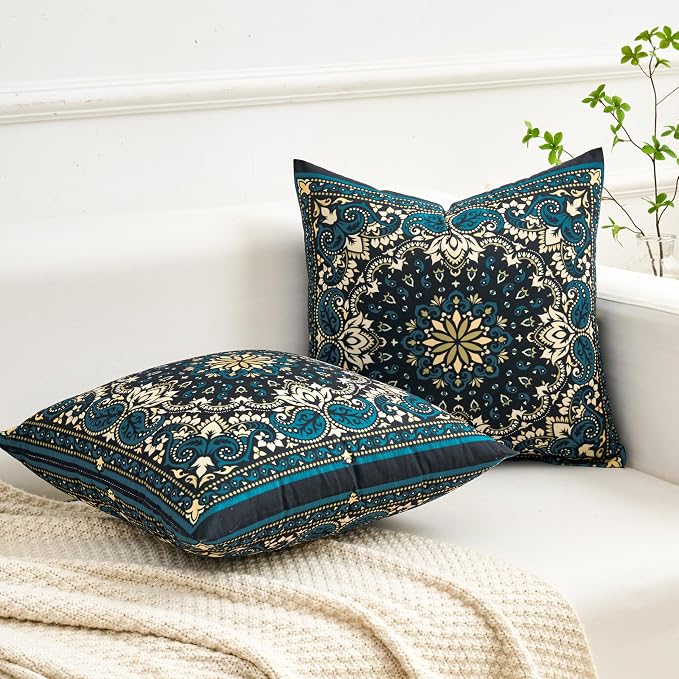 Boho Throw Pillow Covers 18X18 Inch Set of 2 Bohemian Soft Velvet Couch Pillow Cases Farmhouse Decorative Pillow Covers for Sofa Living Room Bedroom Outdoor Patio Porch Indigo Motif