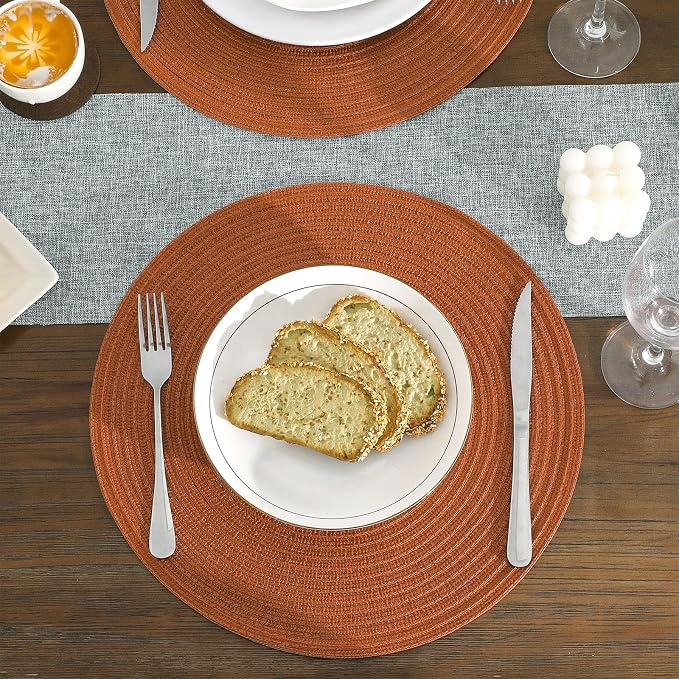 SHACOS Round Placemats Set of 8 Washable 15 inch Round Placemat Cotton Polyester Woven Braided Table Place Mats for Dining Table Wedding Party Decor, Dark Orange