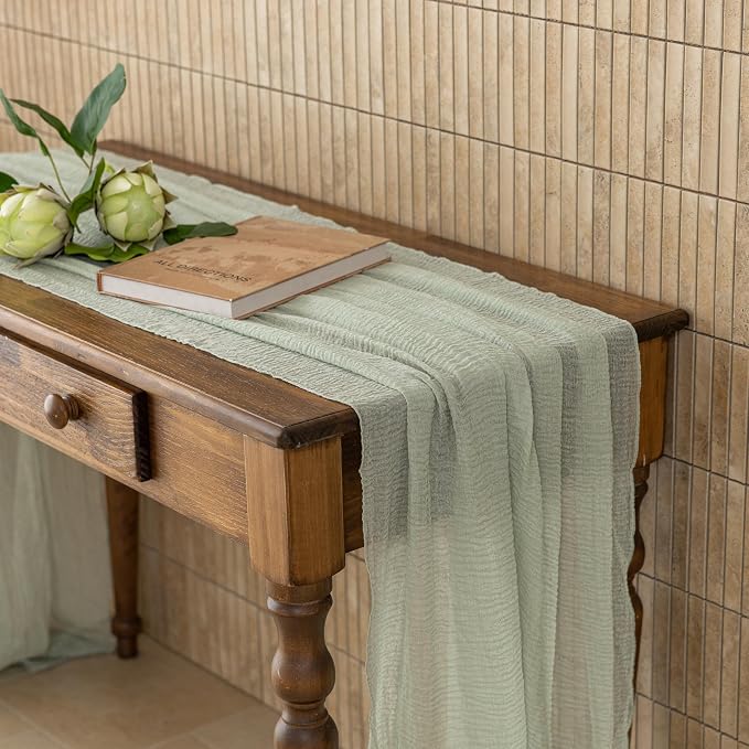 3Pcs Sage Green Cheesecloth Table Runner 120 Inches for Party Home Decor | For Wedding Baby Shower Bridal Shower Birthday Engagement Party 10FT Rustic Boho Home Decorations